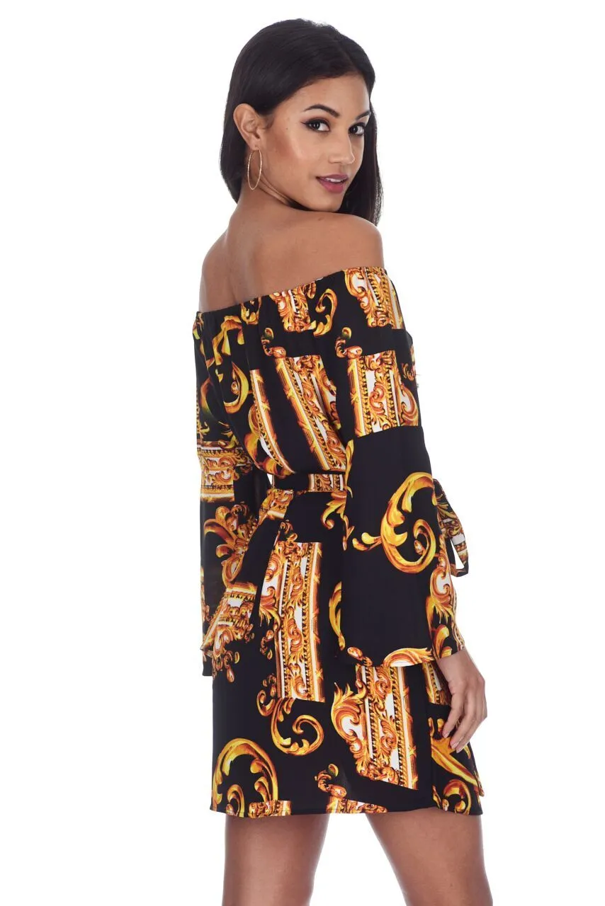Black And Gold Patterned Off The Shoulder Shift Dress sold by AX Paris product image thumbnail 3