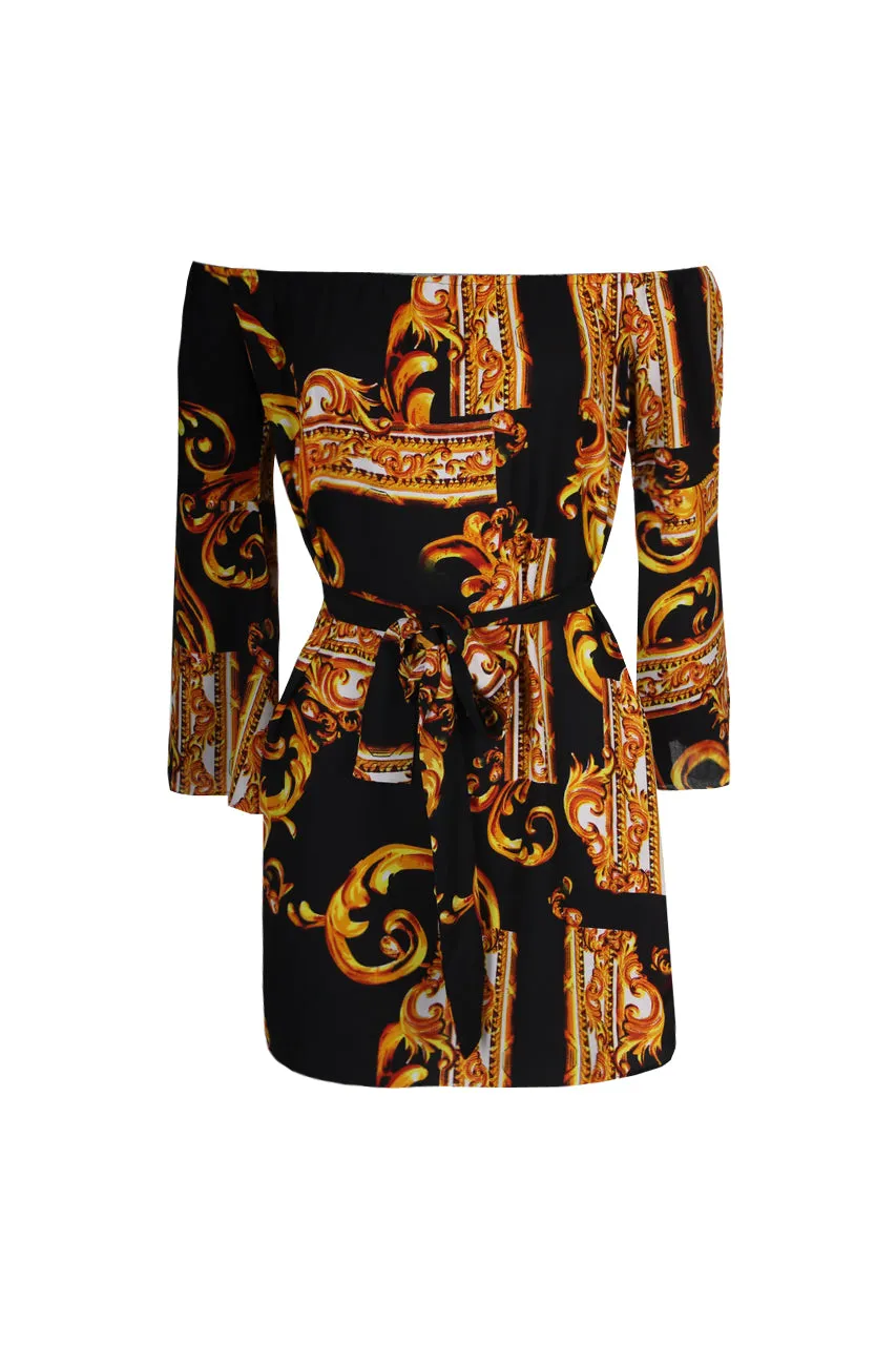 Black And Gold Patterned Off The Shoulder Shift Dress sold by AX Paris product image thumbnail 4