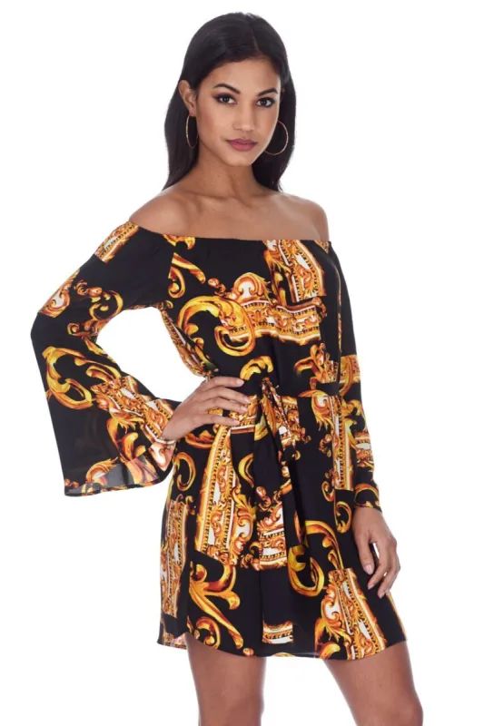Black And Gold Patterned Off The Shoulder Shift Dress sold by AX Paris