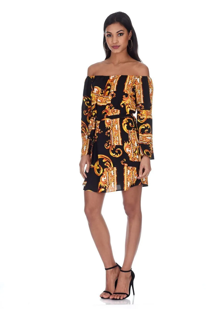 Black And Gold Patterned Off The Shoulder Shift Dress sold by AX Paris product image thumbnail 2