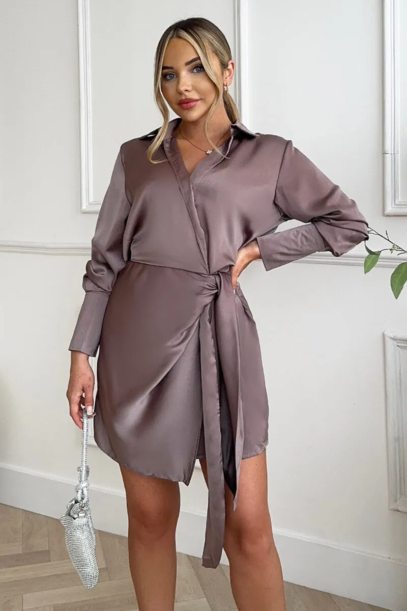 Taupe Satin Wrap Long Sleeve Mini Dress sold by AX Paris