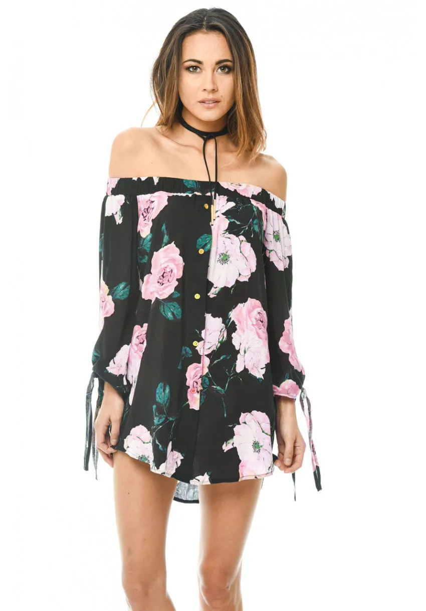 Black Off Shoulder Floral Dress sold by AX Paris