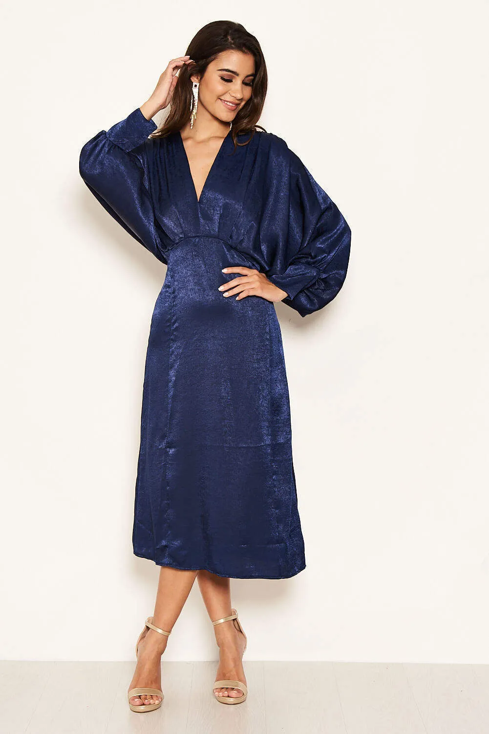 Navy Bat Wing V Neck Midi Dress sold by AX Paris
