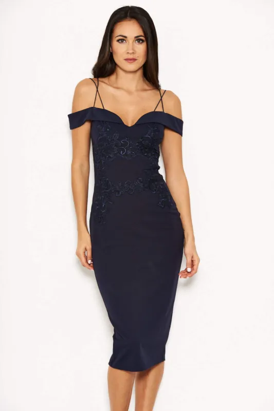 Navy Off The Shoulder Lace Midi Dress With Delicate Straps sold by AX Paris