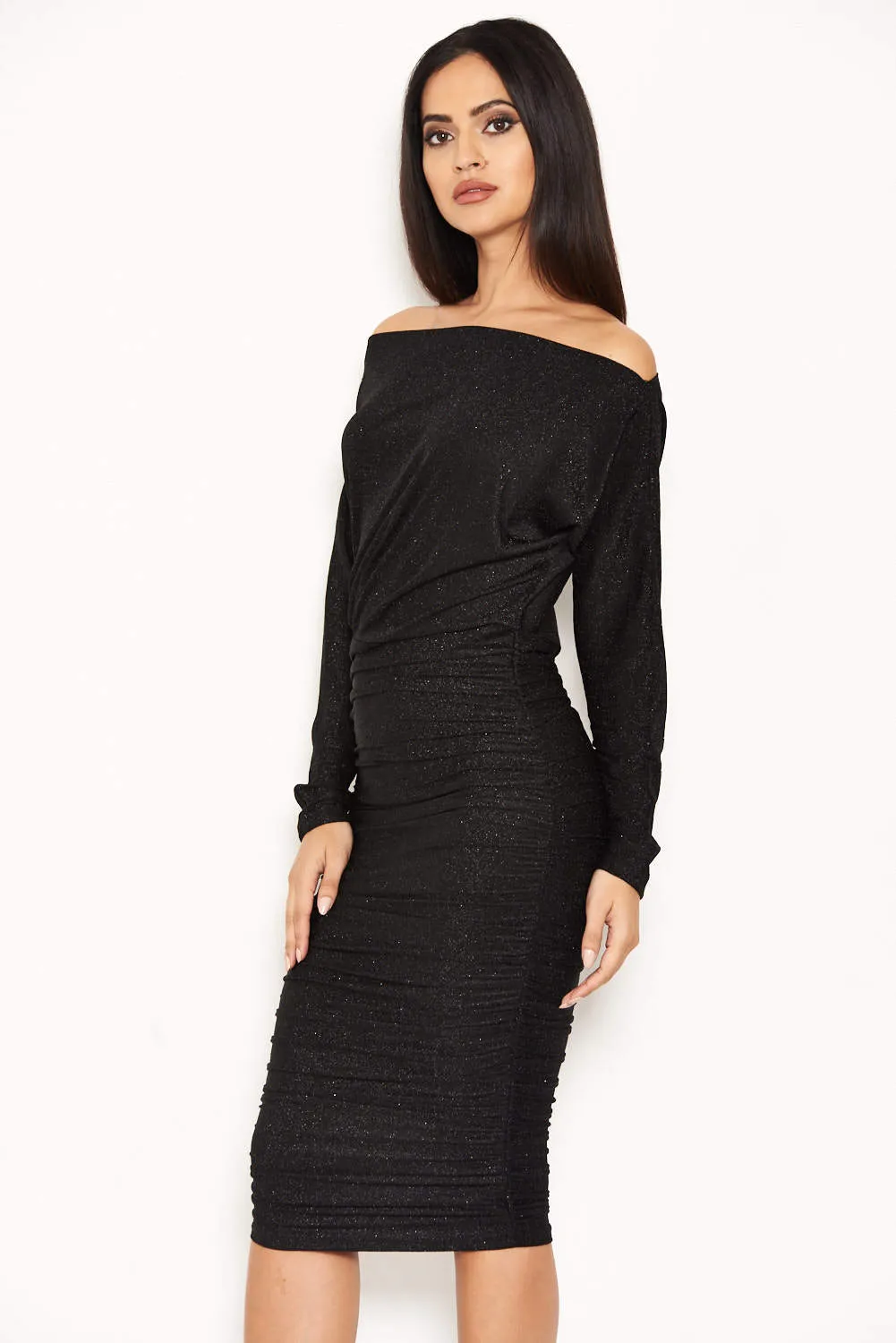 Black Slash Neck Glitter Ruched Dress sold by AX Paris product image thumbnail 5
