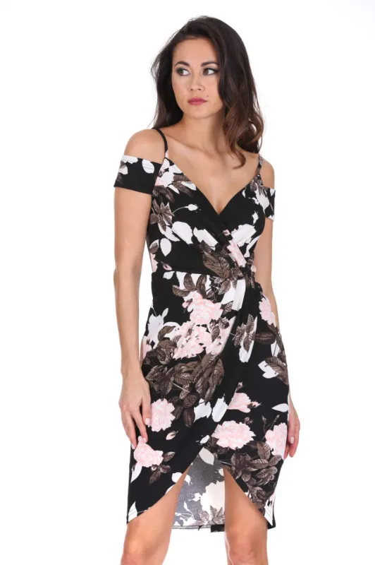Black Floral Cold Shoulder Midi Dress sold by AX Paris