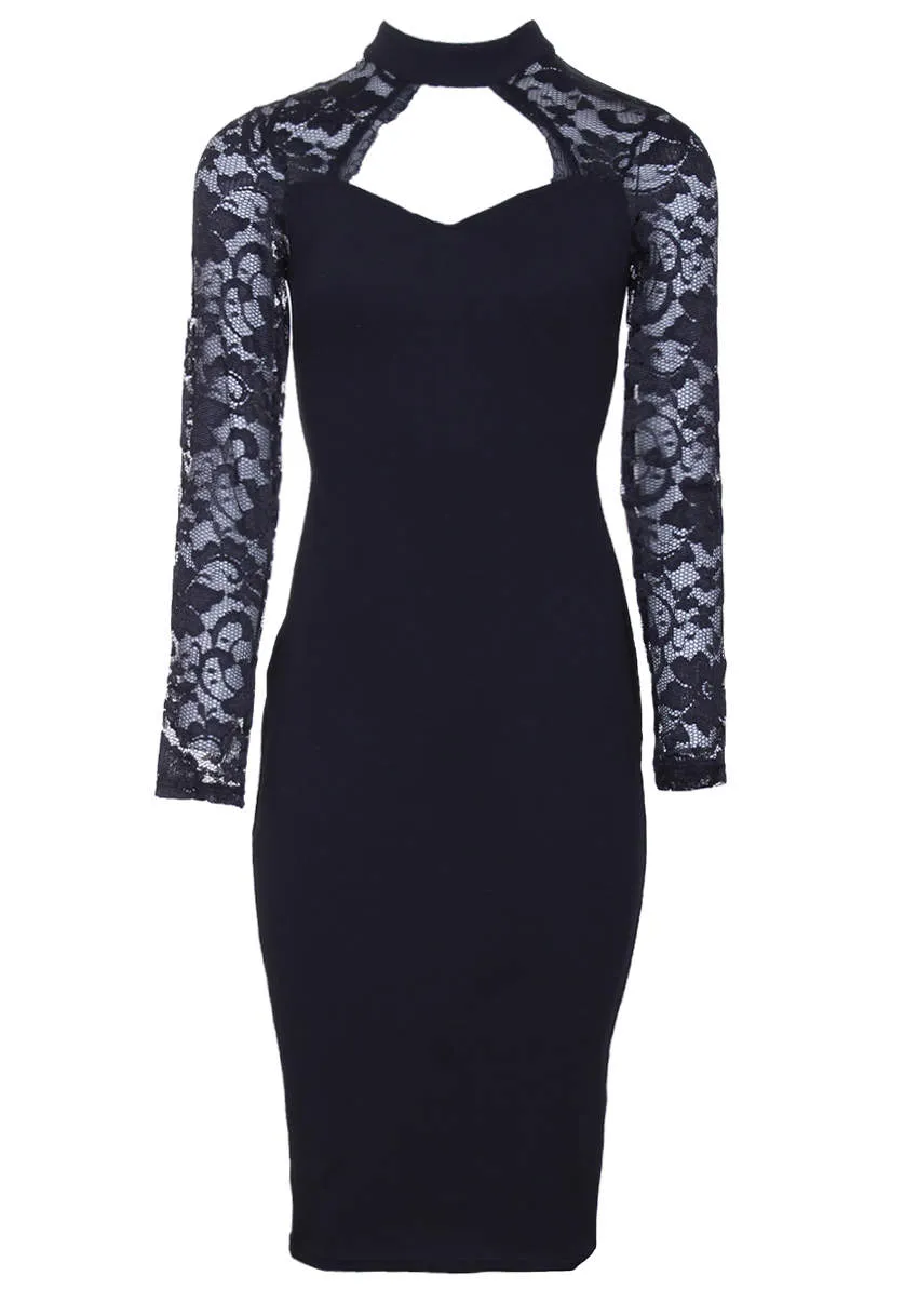 Black High Neck Lace Sleeve Midi Dress sold by AX Paris product image thumbnail 4
