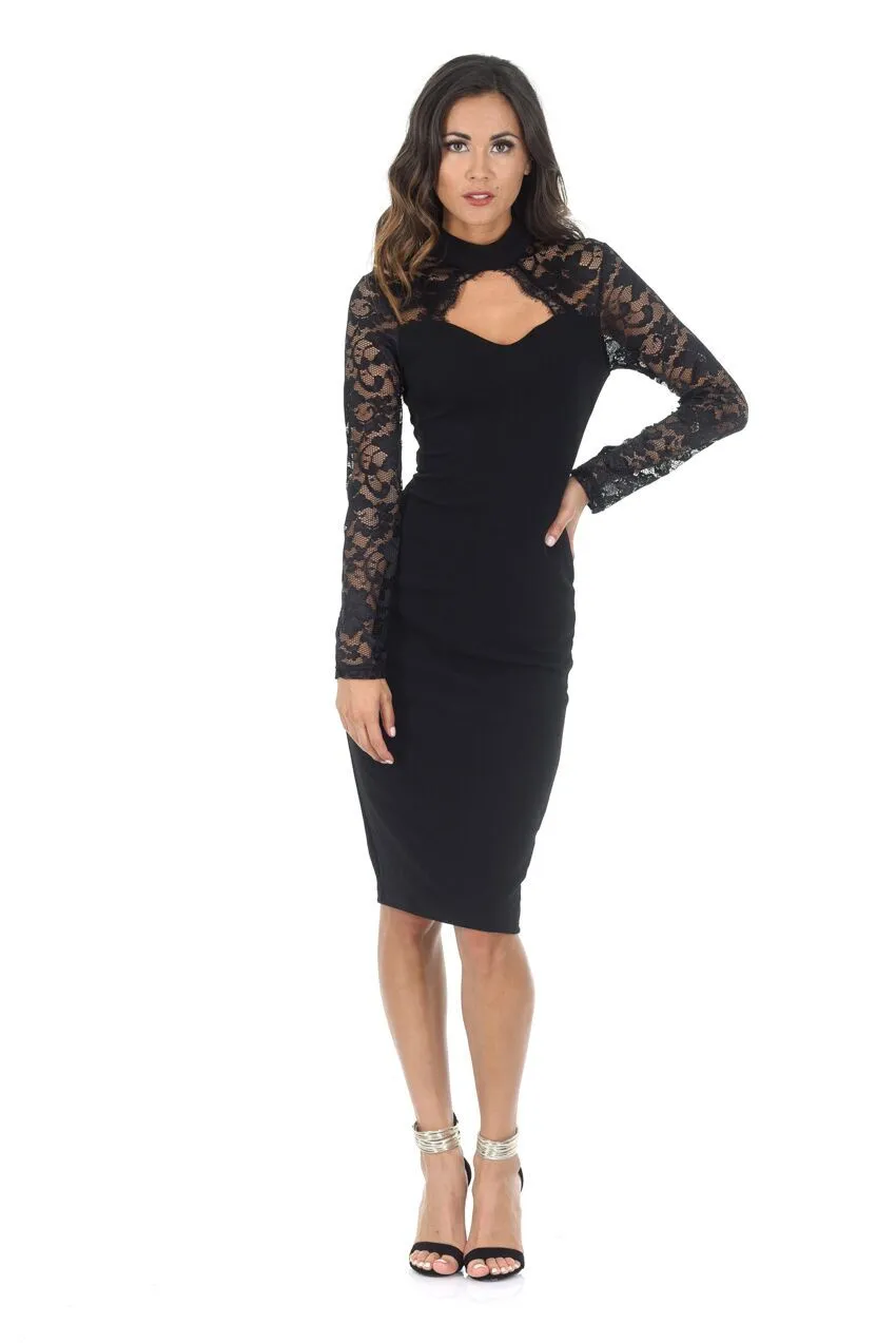 Black High Neck Lace Sleeve Midi Dress sold by AX Paris product image thumbnail 2