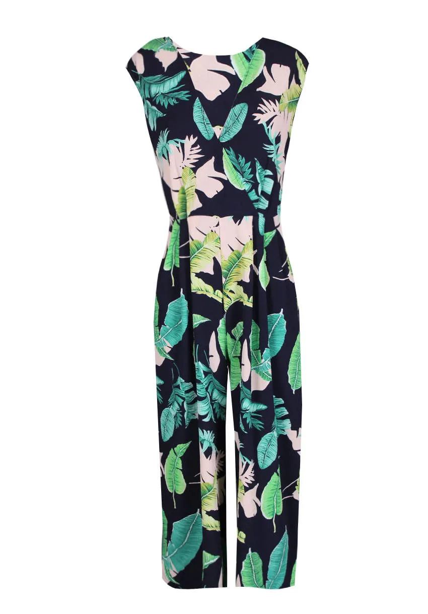 Navy Leaf Print Wrap Front Jumpsuit sold by AX Paris product image thumbnail 4