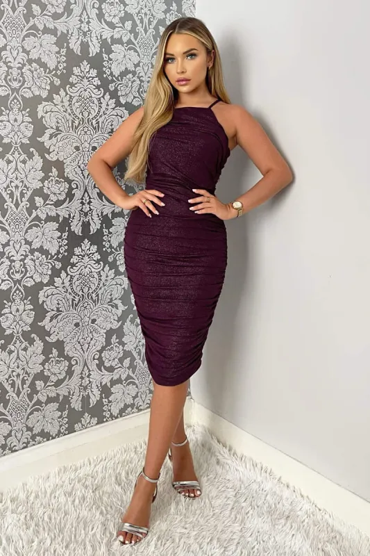 Plum Ruched Bodycon Shimmer Midi Dress sold by AX Paris