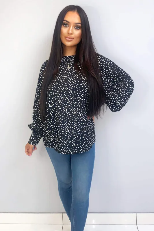 Black Spotty High Neck Wide Sleeve Top sold by AX Paris