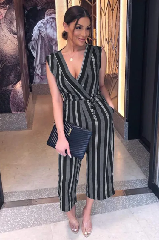 Black Striped Tie Waist Jumpsuit sold by AX Paris