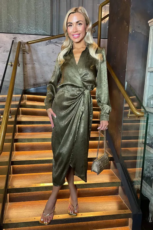 Olive And Gold Wrap Shirt Midi Dress sold by AX Paris
