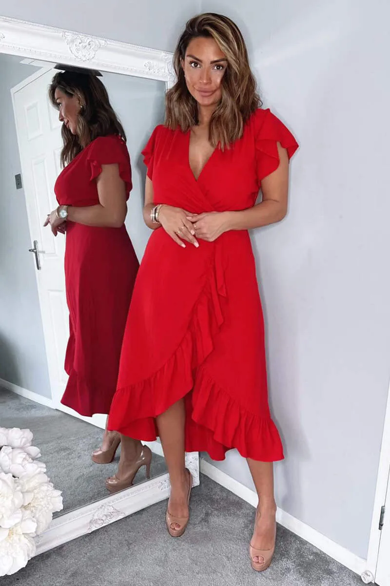 Red Wrap Over Frill Hem Short Sleeve Midi Dress sold by AX Paris product image thumbnail 4