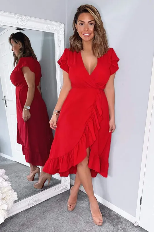 Red Wrap Over Frill Hem Short Sleeve Midi Dress sold by AX Paris