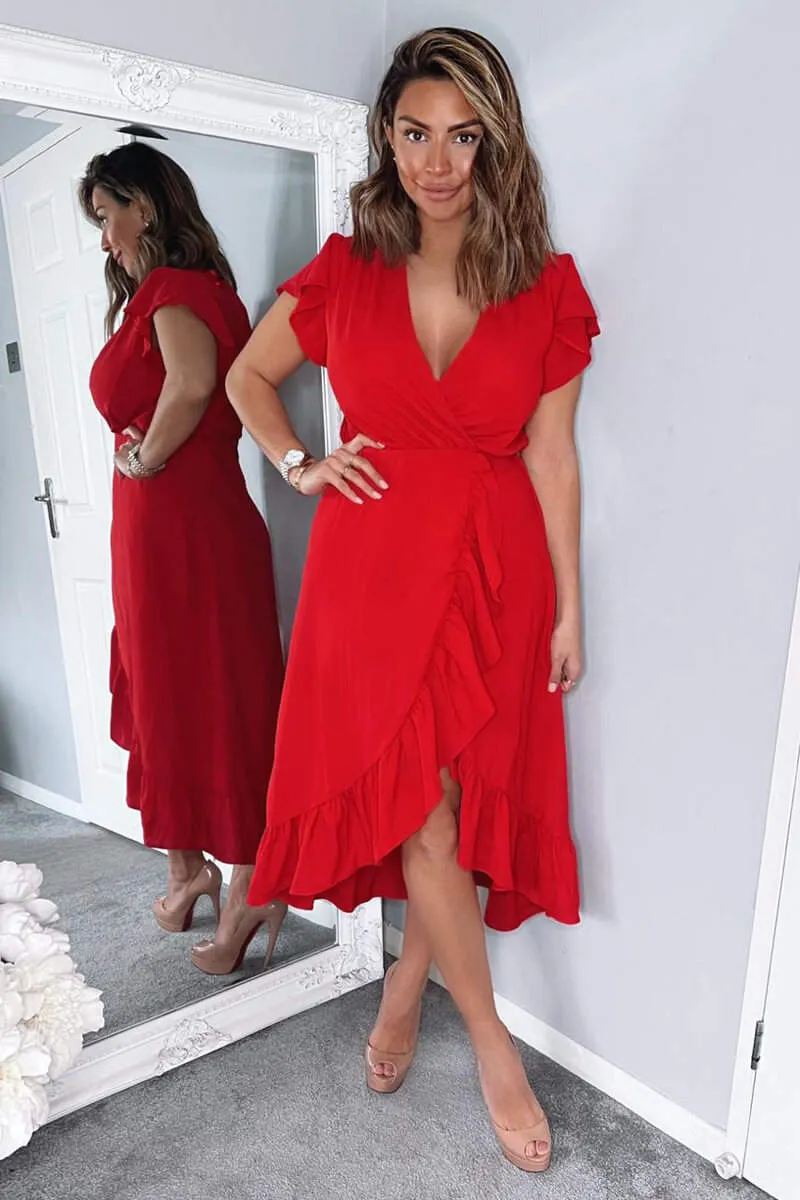 Red Wrap Over Frill Hem Short Sleeve Midi Dress sold by AX Paris product image thumbnail 2