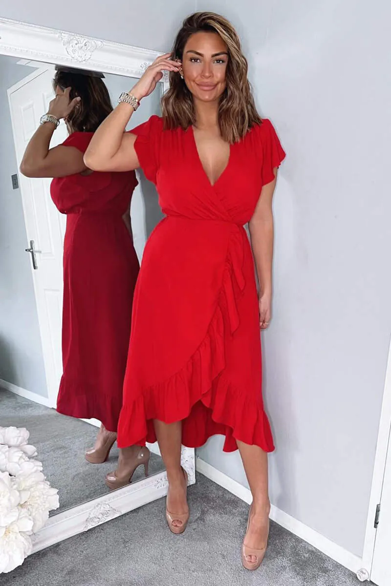 Red Wrap Over Frill Hem Short Sleeve Midi Dress sold by AX Paris product image thumbnail 3