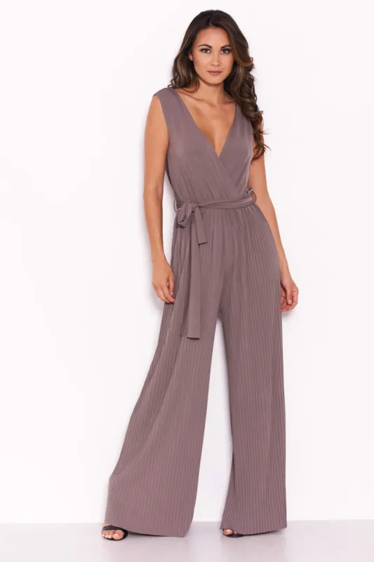 Grey Pleated Tie-Waist Jumpsuit sold by AX Paris