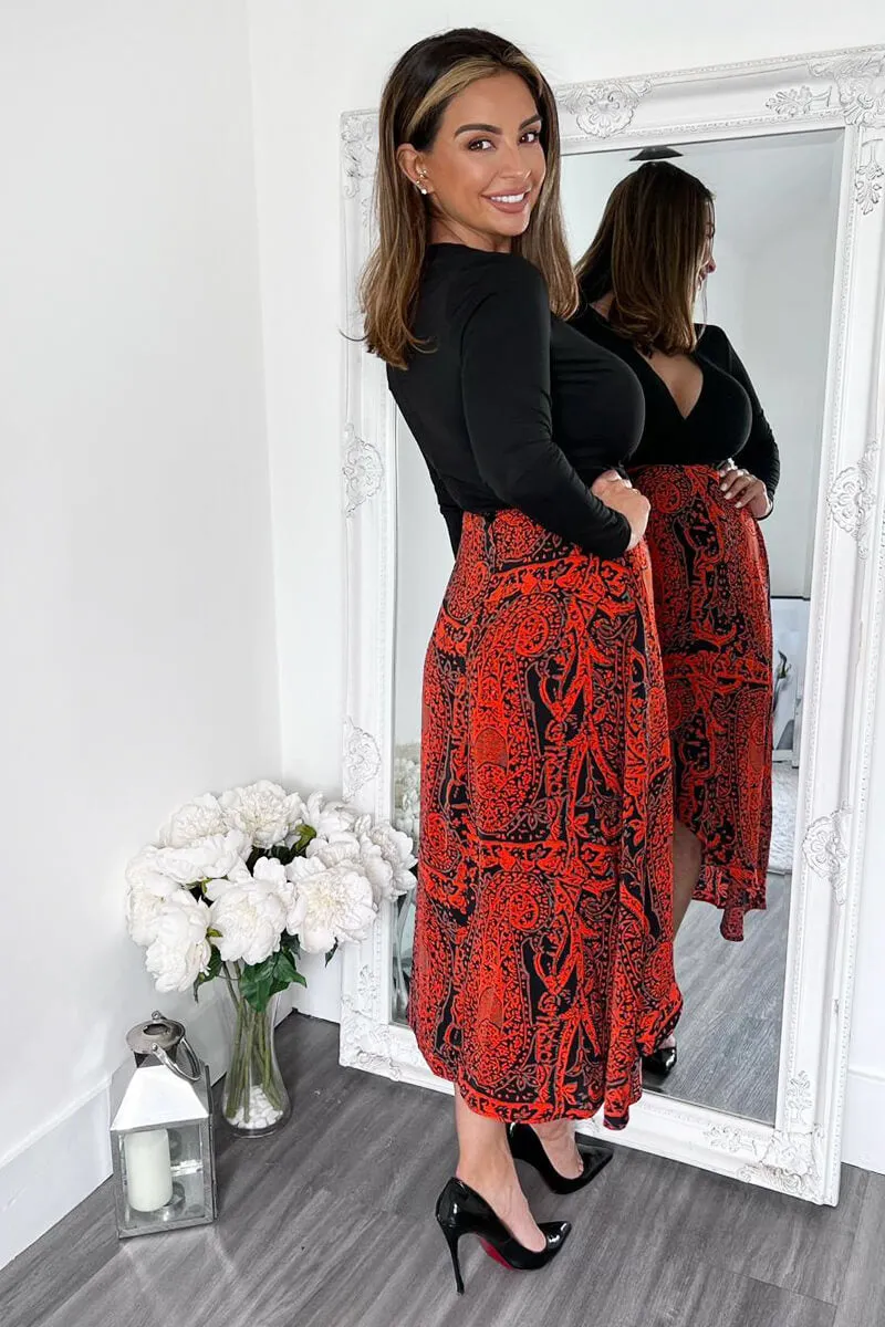 Red And Black Printed Long Sleeve 2 In 1 Midi Dress sold by AX Paris product image thumbnail 5