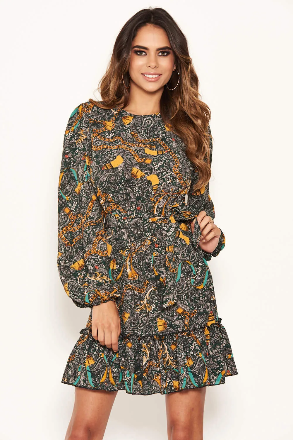 Green Printed Tie Waist Ruffle Hem Dress sold by AX Paris product image thumbnail 2