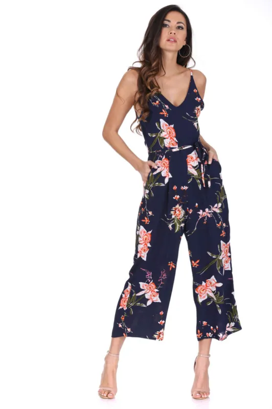 Navy Floral Print Culotte Jumpsuit sold by AX Paris