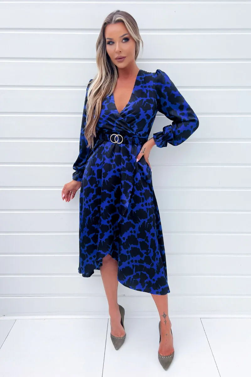 Cobalt And Black Print Long Sleeve Belted Wrap Midi Dress sold by AX Paris product image thumbnail 2