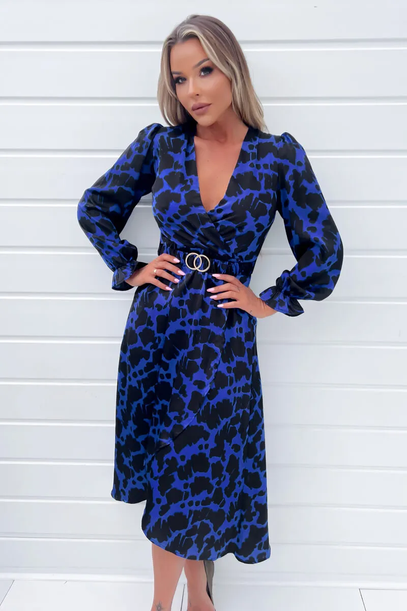 Cobalt And Black Print Long Sleeve Belted Wrap Midi Dress sold by AX Paris product image thumbnail 3