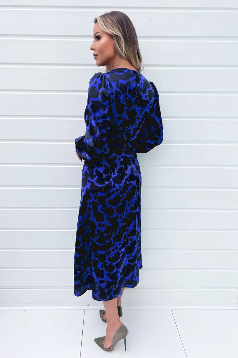Cobalt And Black Print Long Sleeve Belted Wrap Midi Dress sold by AX Paris product image thumbnail 4
