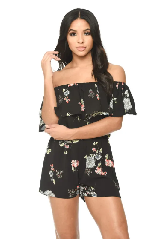 Black Floral Print Bardot Playsuit sold by AX Paris