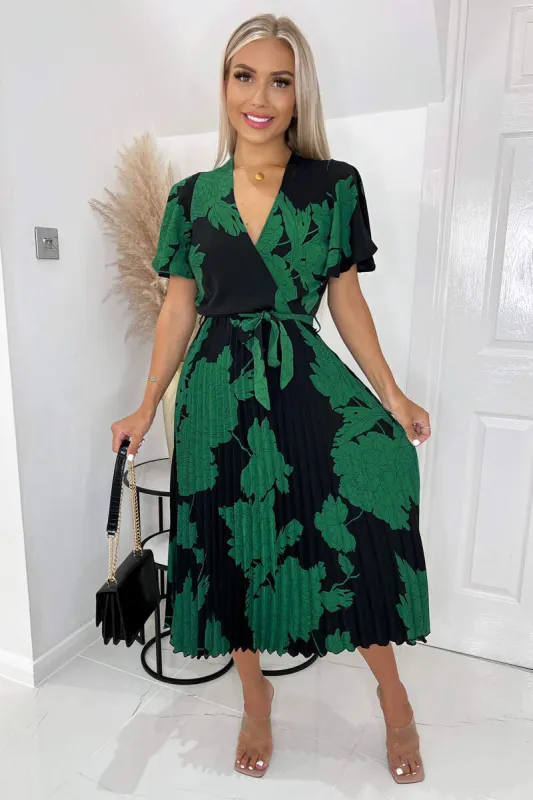 Black And Green Floral Pleated Midi Dress sold by AX Paris