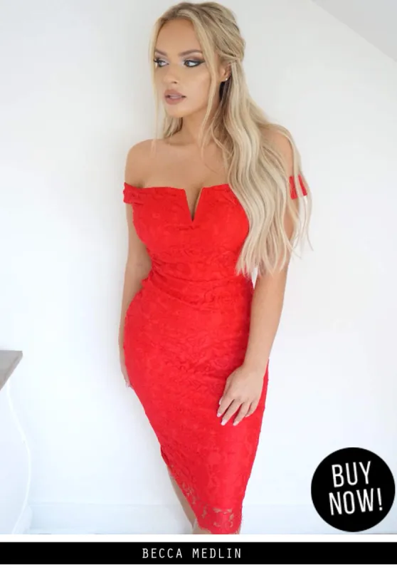 Red Lace Bardot Midi Dress sold by AX Paris