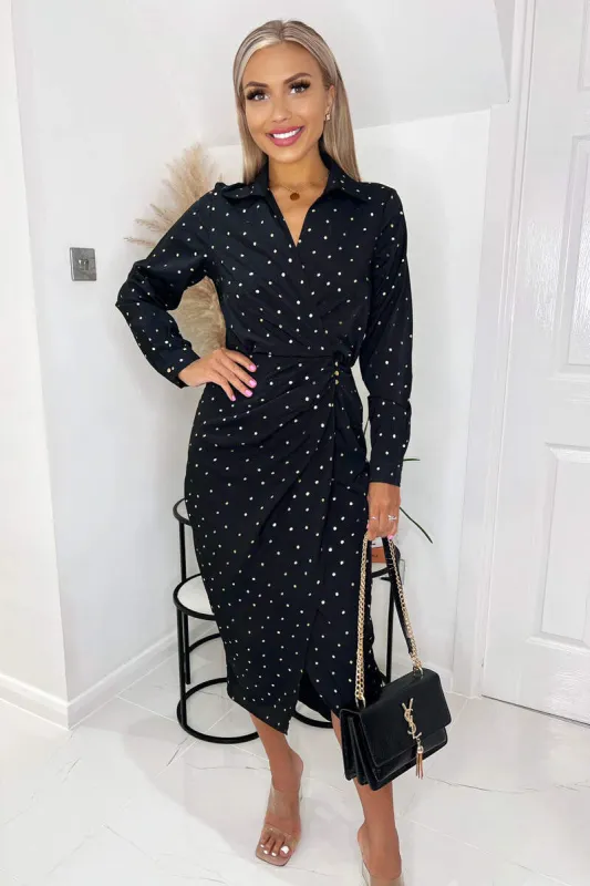 Black And Gold Polka Dot Gathered Midi Dress sold by AX Paris