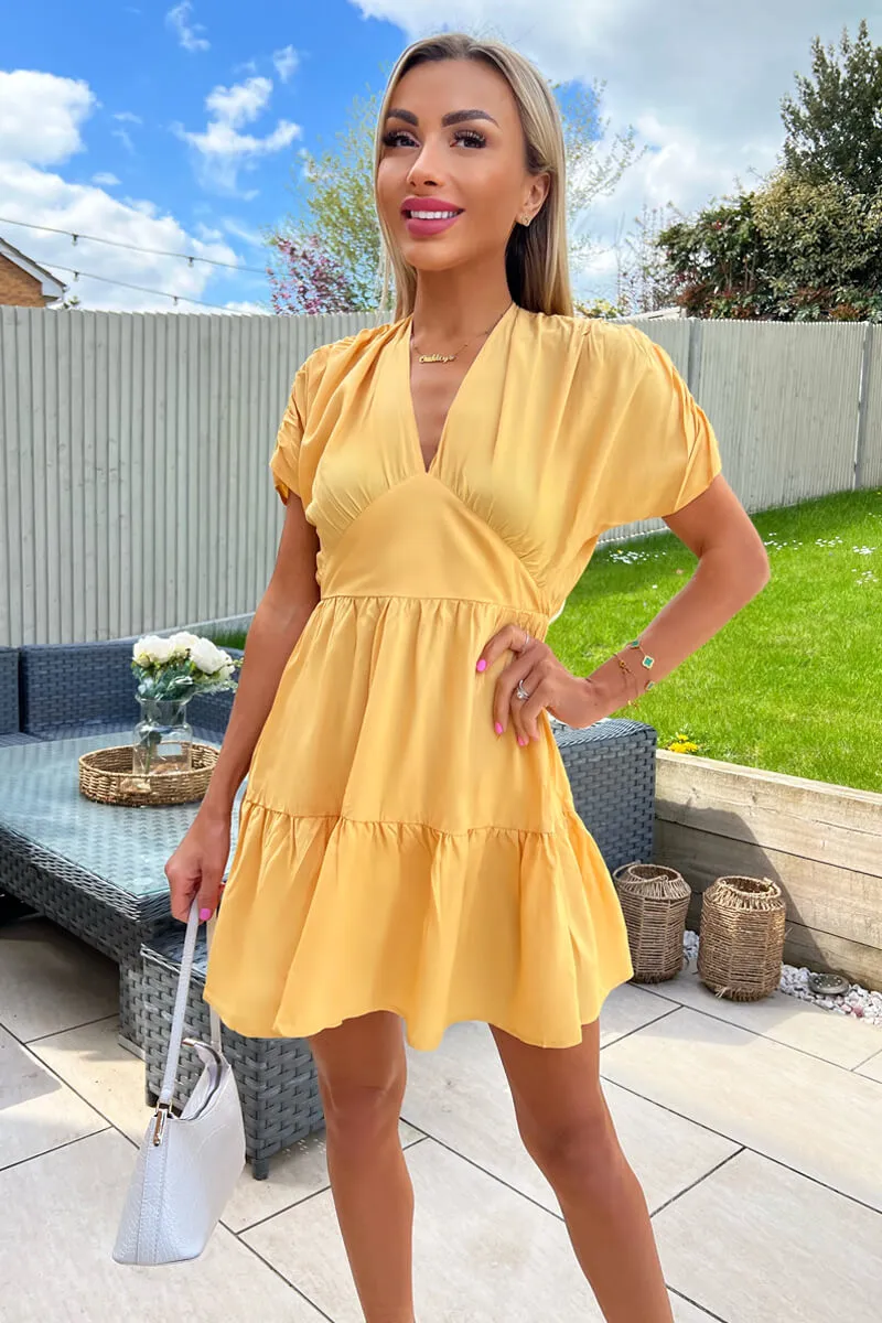 Yellow Short Sleeve Tie Back V Neck Mini Dress sold by AX Paris