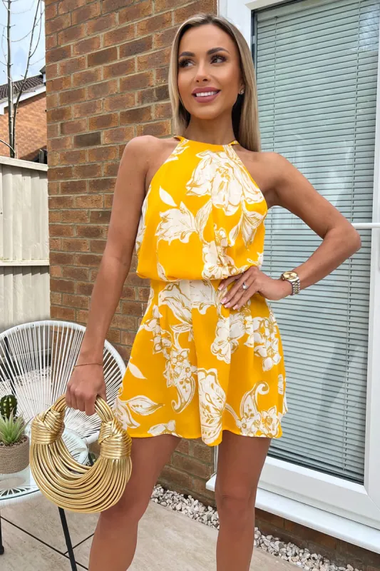 Yellow Floral Printed High Neck Playsuit sold by AX Paris