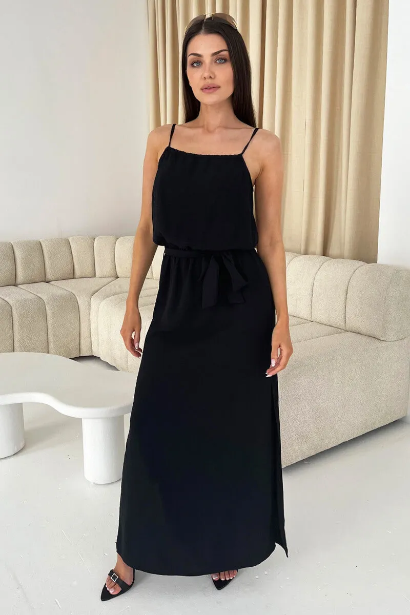 Black Tie Waist Strappy Split Leg Midi Dress sold by AX Paris