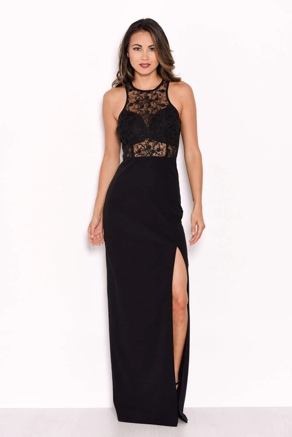 Black Lace Top Maxi Dress sold by AX Paris