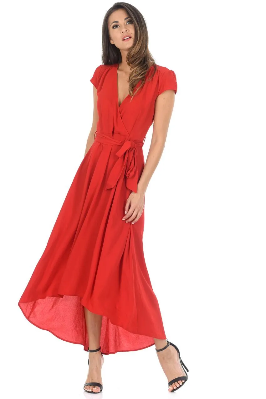 Red Capped Sleeve Waterfall Dress sold by AX Paris