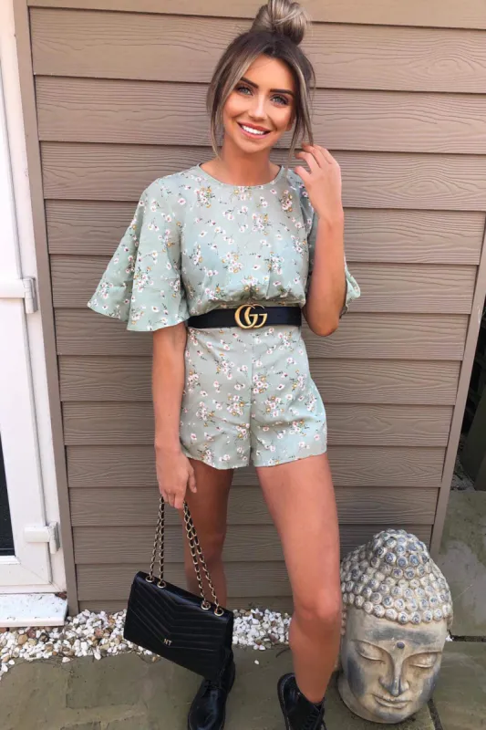 Mint Bell Sleeve Floral Playsuit sold by AX Paris