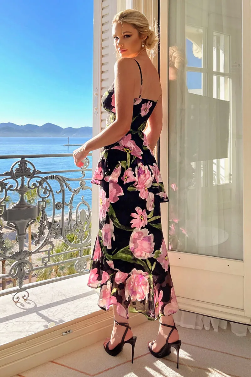 Black And Pink Lace Embroidered Frill High Low Midi Dress sold by AX Paris product image thumbnail 4