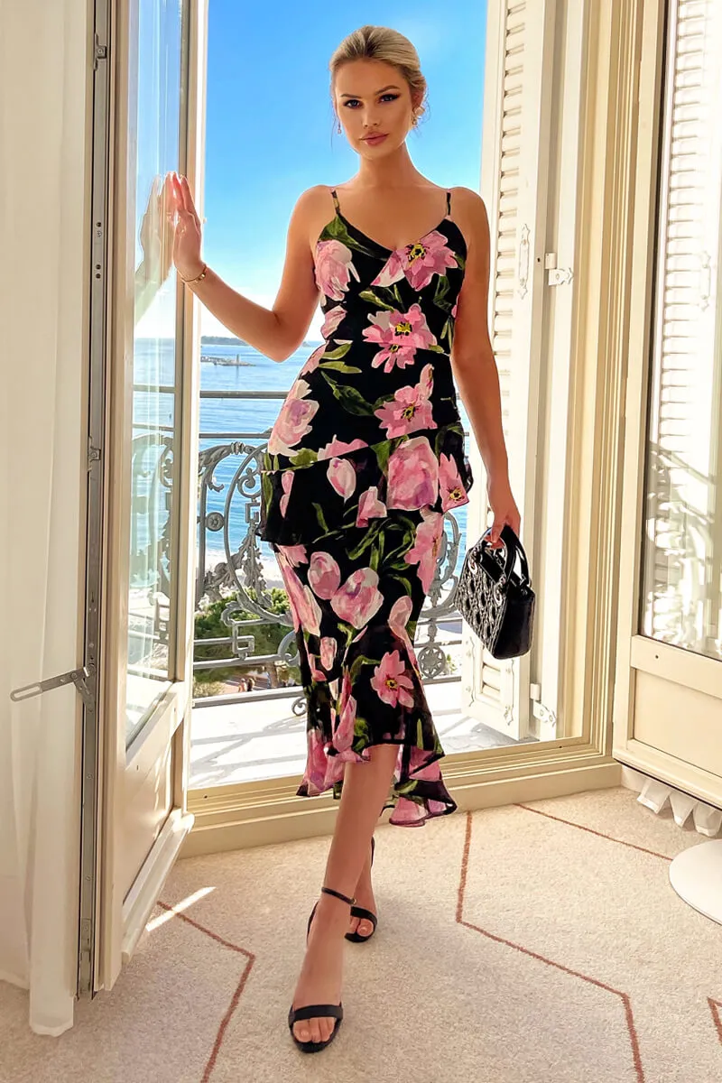 Black And Pink Lace Embroidered Frill High Low Midi Dress sold by AX Paris product image thumbnail 2