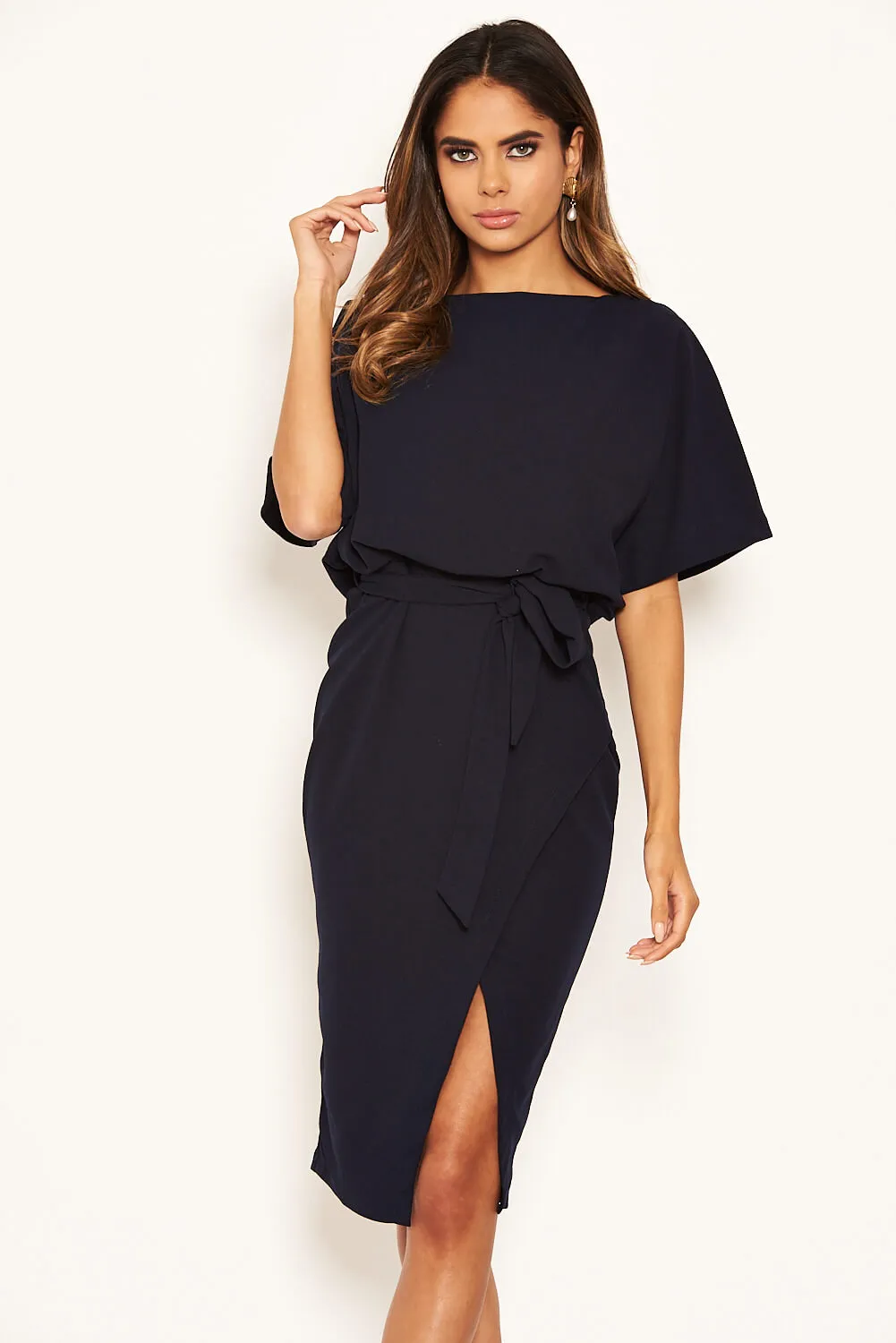 Navy Tie Waist Midi Dress sold by AX Paris