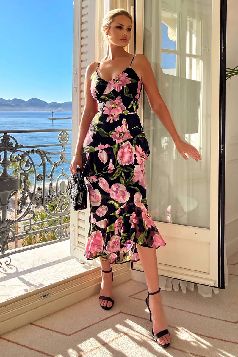 Black And Pink Lace Embroidered Frill High Low Midi Dress sold by AX Paris product image thumbnail 3