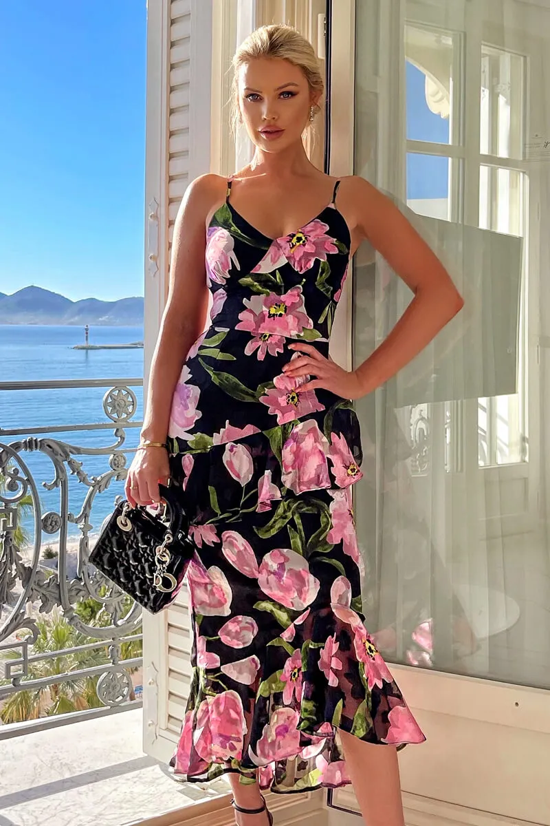 Black And Pink Lace Embroidered Frill High Low Midi Dress sold by AX Paris