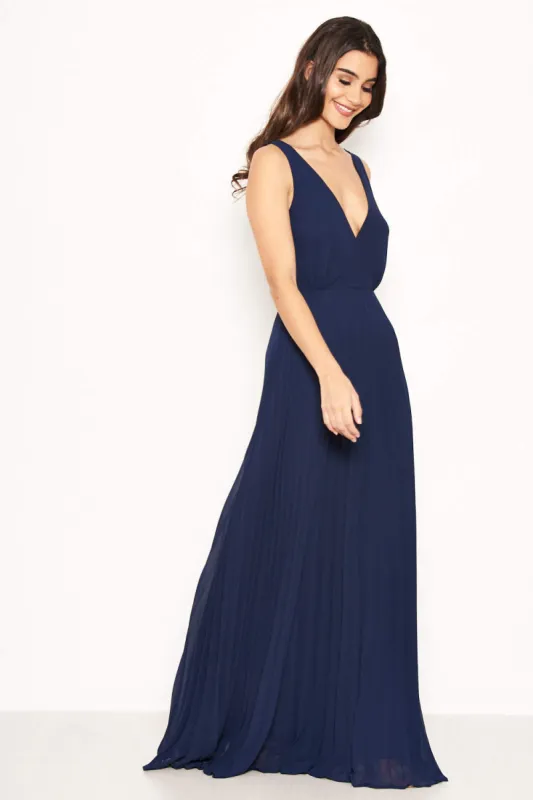Navy Pleated Maxi Dress With Lace Straps sold by AX Paris