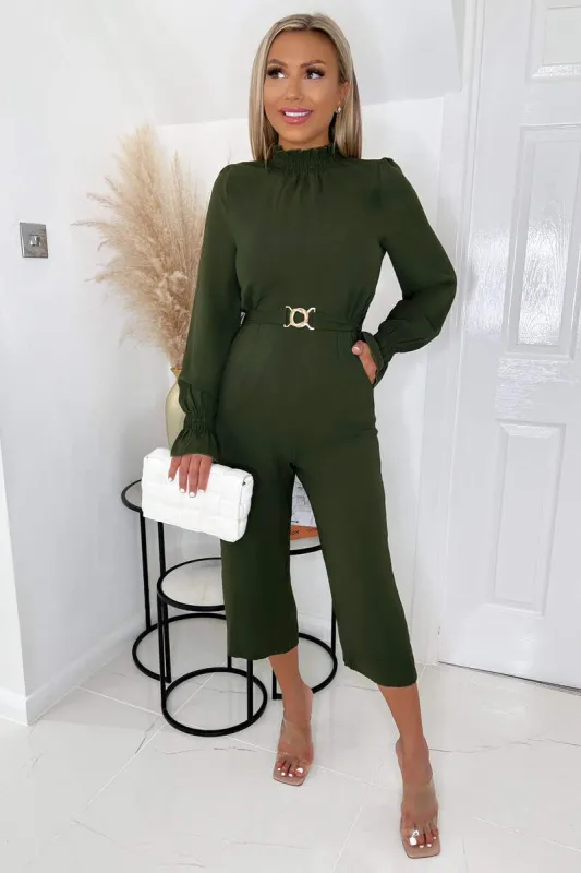 Olive High Neck Long Sleeve Belted Jumpsuit sold by AX Paris