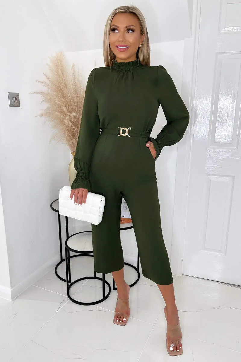 Olive High Neck Long Sleeve Belted Jumpsuit sold by AX Paris