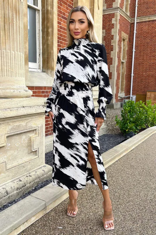 Black And White Printed Shirred Detail Midi Dress sold by AX Paris