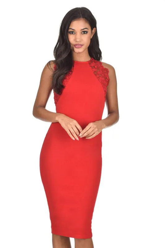 Red Lace Panel Midi Dress sold by AX Paris