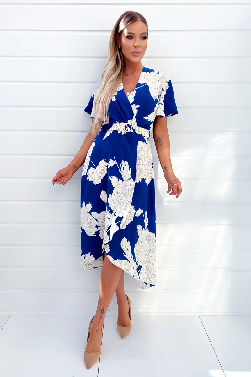 Blue And Cream Floral Printed Short Sleeve Belted Midi Dress sold by AX Paris product image thumbnail 2