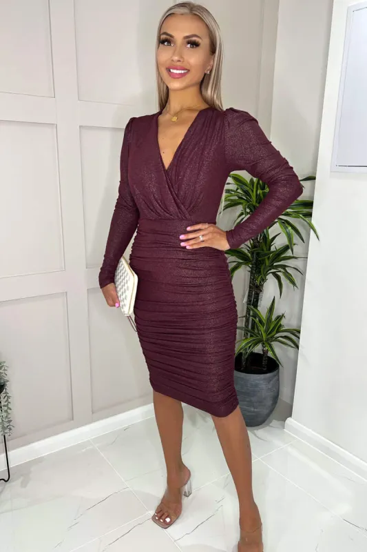 Plum Wrap Top Long Sleeve Ruched Shimmer Bodycon Midi Dress sold by AX Paris